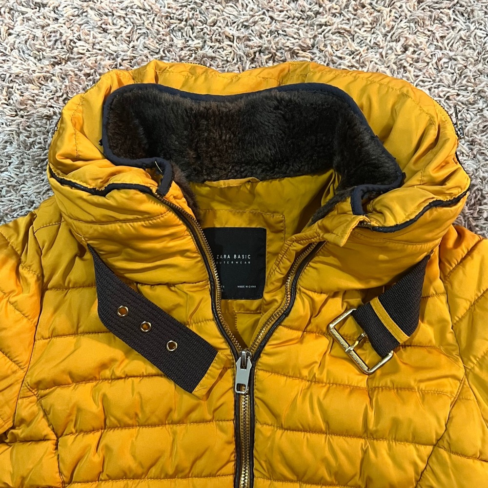 Zara Basic Puffer Jacket Coat Mustard Yellow Faux… - image 3